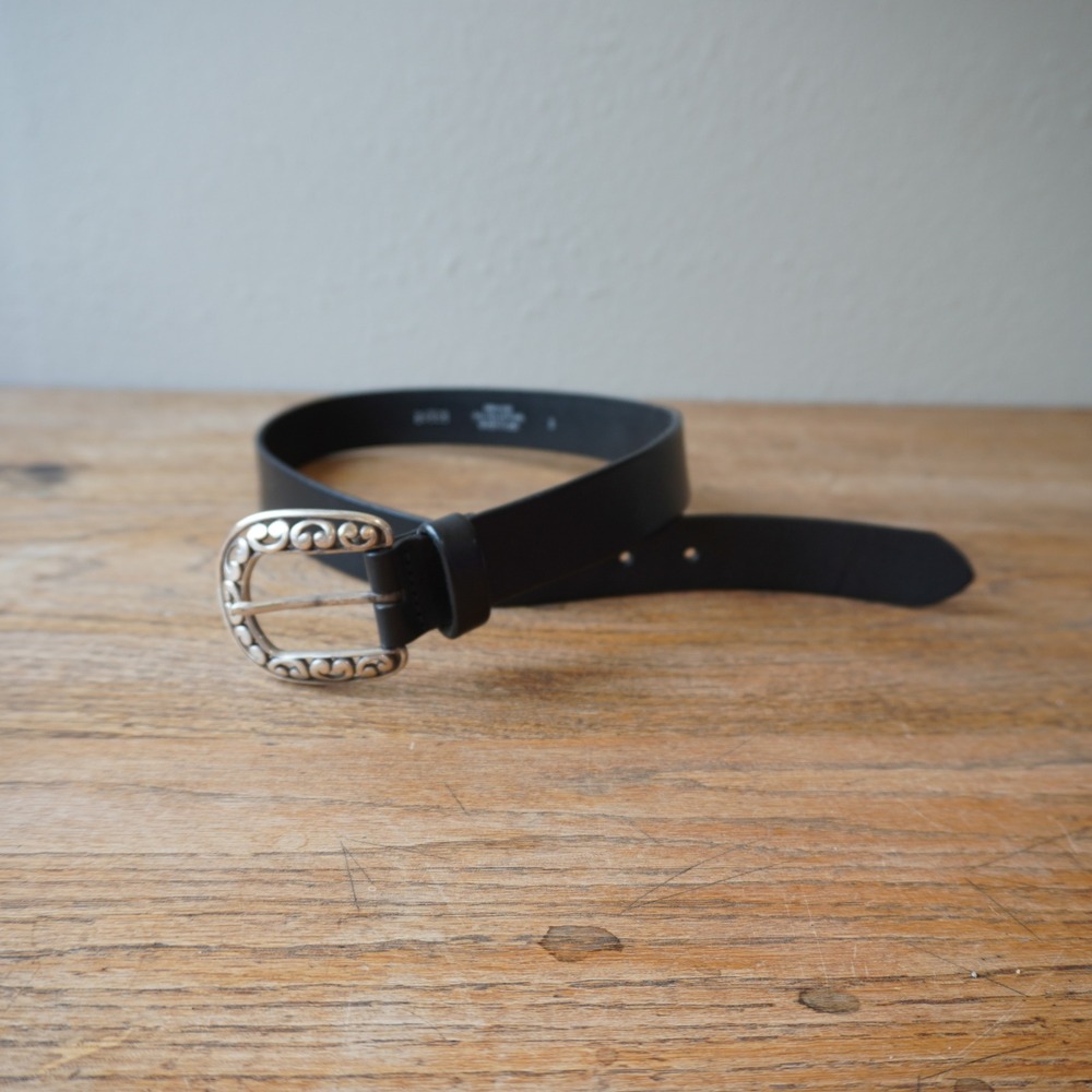 Genuine Italian Leather Western Scroll Buckle Belt Black Silver Size S USA Made